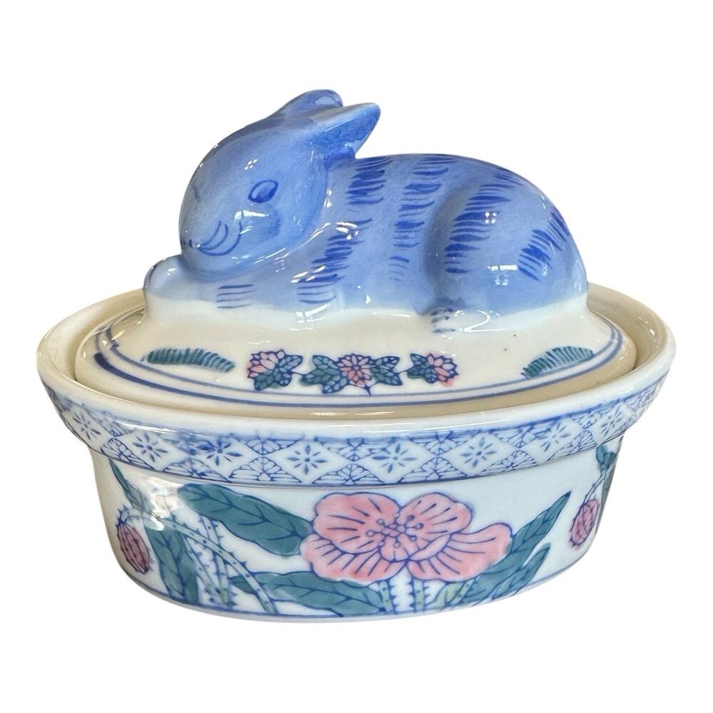 Vintage Rare Ben Rickert Porcelain Blue Rabbit On Nest Dish/Lid Chinoiserie